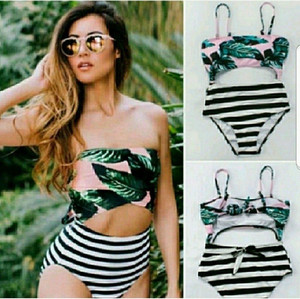New High Waisted Floral Striped bikini monokini